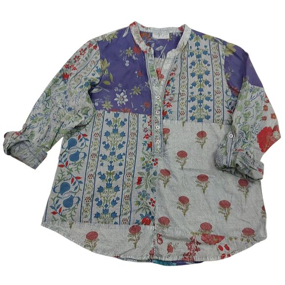 Vintage Goa Top Womens Large Gray Floral Roll Tan Sleeve Bohemian Lagenlook - Picture 2 of 12